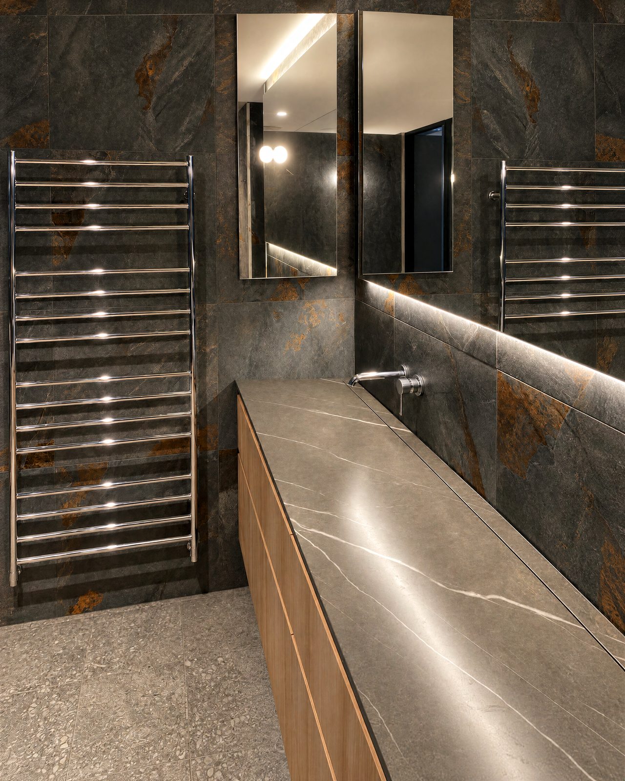 Floating timber vanity with a stone top