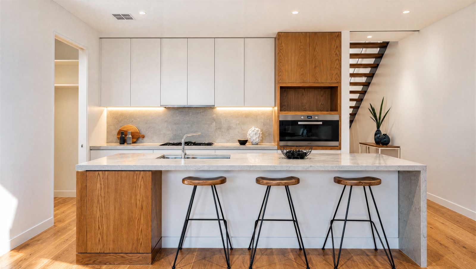 White and oak kitchen with a timber-clad island