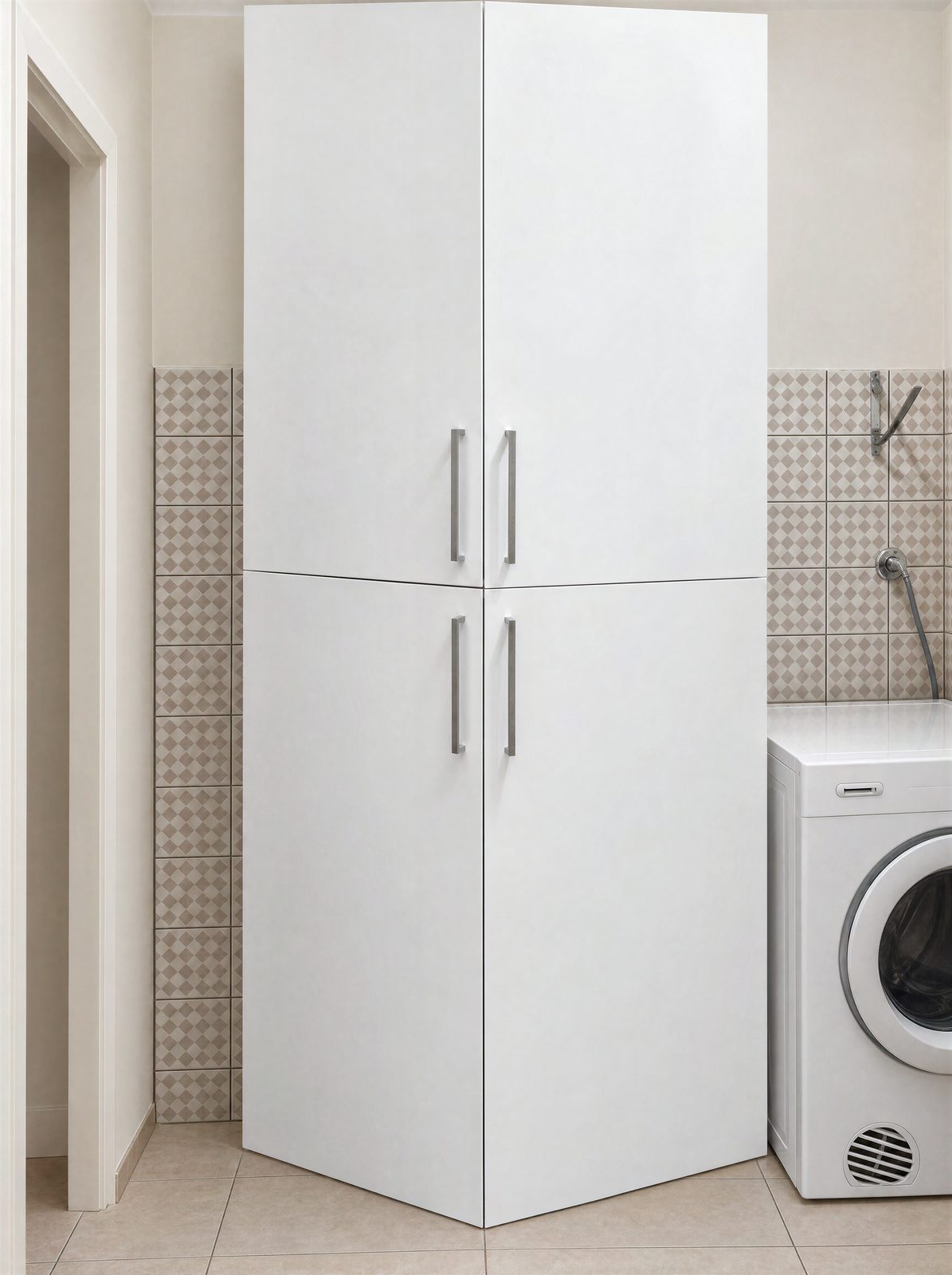 Tall white corner pantry with a V-shaped front